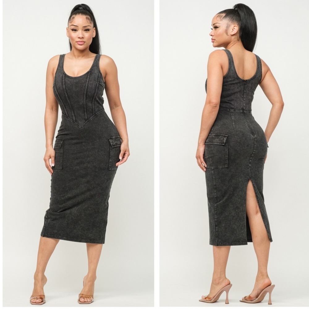 Hera Collection Cargo‎ Dress Sz S Black Acid Wash Utility Stretch Baddie Grunge